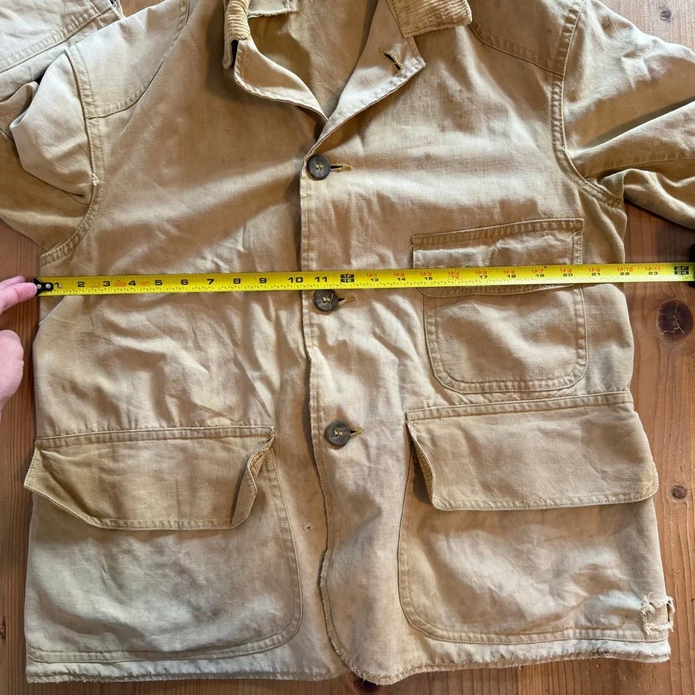 Vintage French Chore Jacket Size Medium 22x27 Corduroy Collar Distressed Hunting